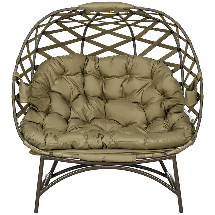 Egg-Shaped Folding Wicker Loveseat for Patio - Comfy 2-Person Garden Chair with Cushions and Cup Holders - Ideal for Outdoor Leisure in Khaki