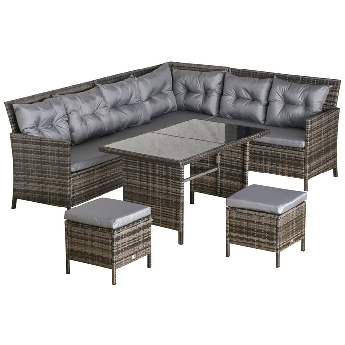 8-Seater Rattan Corner Dining Set with Cushions - Outdoor Wicker Sofa, Coffee Table, and Footstool for Garden and Conservatory - Patio Entertaining and Relaxation Furniture, Grey