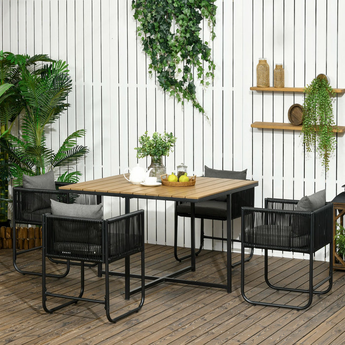 5-Piece Patio PE Rattan Dining Set - Garden Round Wicker Table & 4 Chairs with Wood Grain Plastic Top - Ideal for Outdoor Entertaining and Space Saving