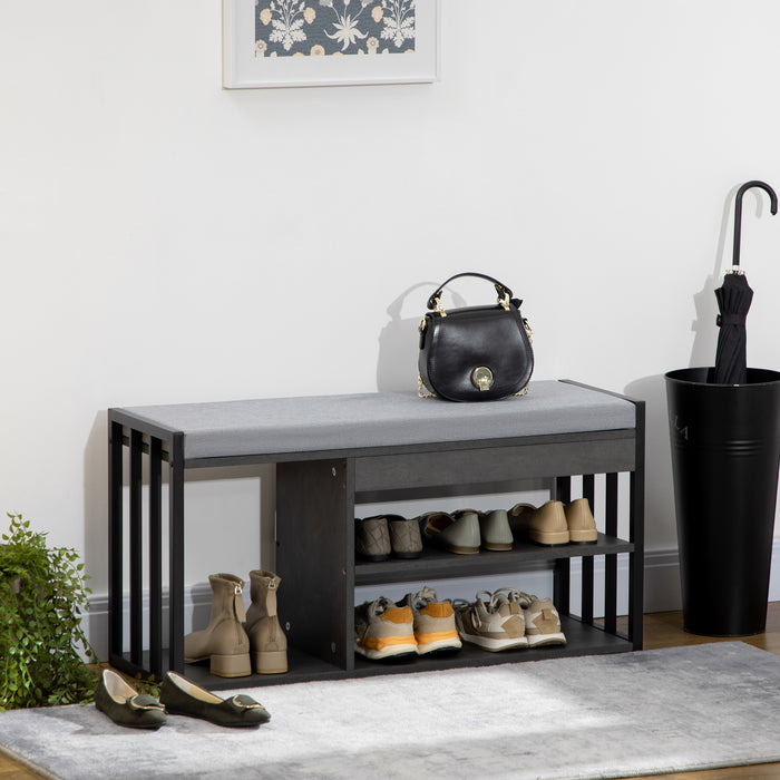 Upholstered Grey Shoe Bench with Seating - 3-Tier Entryway Storage Solution with Open Shelves - Stylish Organizer for Hallway Comfort and Clutter-Free Space