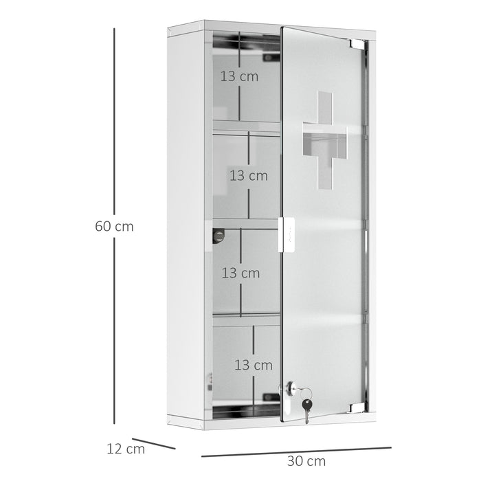 Stainless Steel 4-Tier Medicine Cabinet - Wall Mount, Lockable Glass Door, Storage Shelving - Ideal for Bathroom Organization, 60x30x12 cm