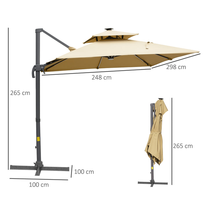 3M Cantilever Roma Parasol - Adjustable Outdoor Umbrella with Solar LED, Tilt, Crank Handle, Cross Base - Ideal Sun Shade for Garden, Patio in Khaki