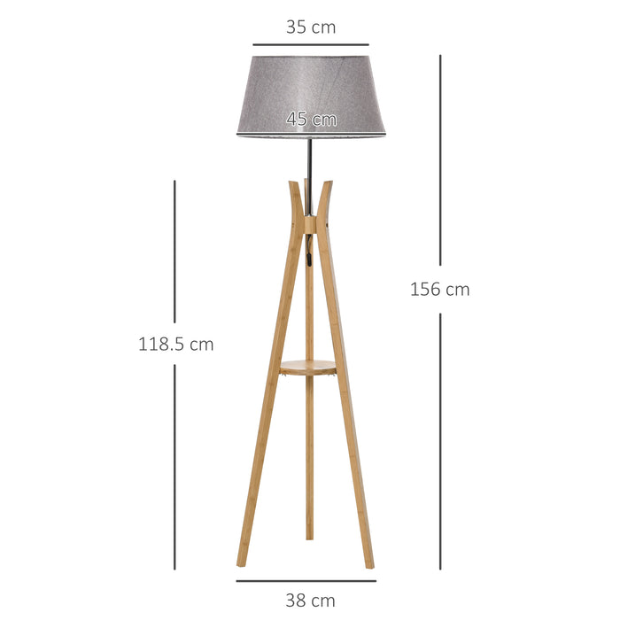 Natural Wood Tripod Floor Lamp with Fabric Shade - E27 Base, Storage Shelf, Foot Switch for Easy Operation - Perfect for Bedroom and Living Room Ambiance, 156cm, Grey