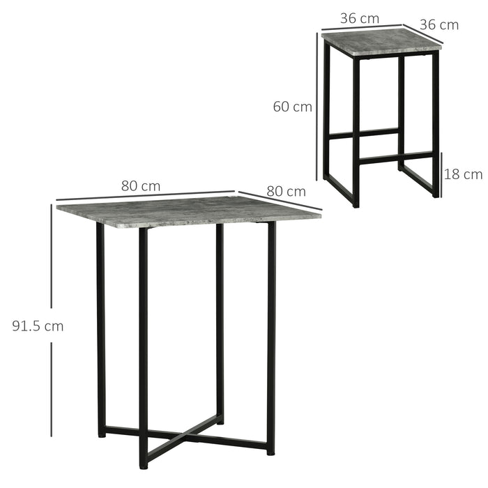 Concrete-Effect Square Bar Table Set with Stools - 5-Piece Kitchen Dining Combo for 4, Steel Frame & Footrest - Ideal for Small Spaces and Casual Meals