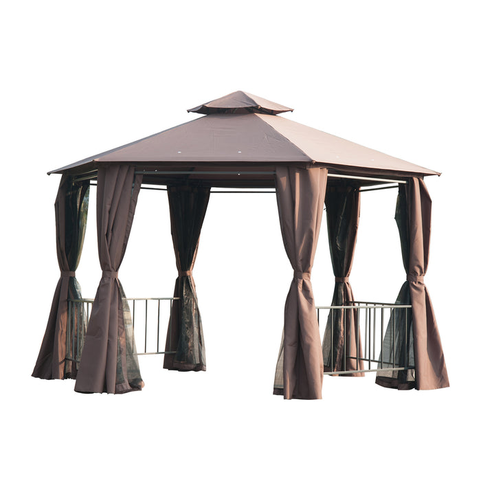 Hexagon Gazebo Canopy - Outdoor Patio Party Tent with 2-Tier Roof and Side Panel - Elegant Shelter for Garden Celebrations, Brown