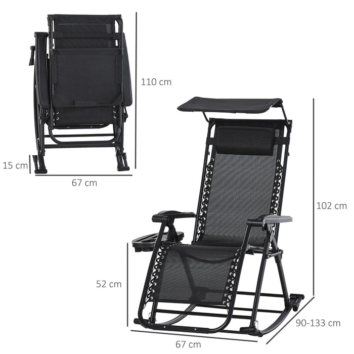 Folding Zero-Gravity Garden Rocking Chair - Outdoor Adjustable Recliner with Headrest and Side Holder, Patio Deck Rocker - Ideal for Relaxation and Sunbathing, Black