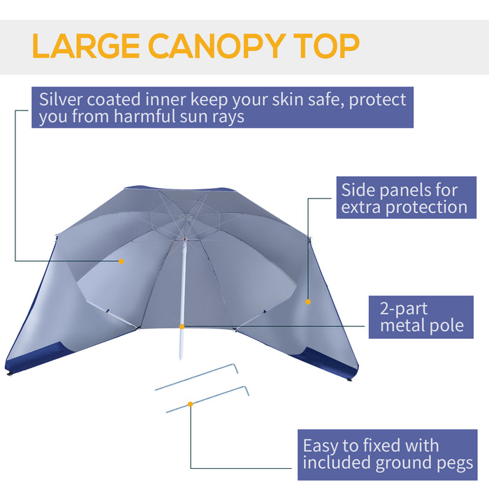 Sporty Beach Umbrella Parasol - 2m Blue Polyester Canopy with UV Coating & Robust Steel Frame - Sun Protection for Beach Activities