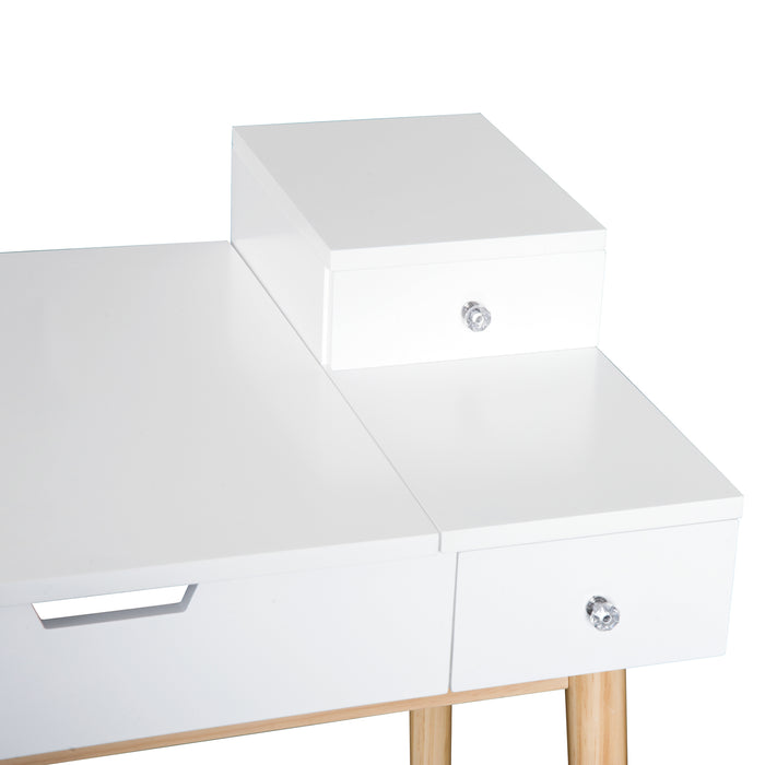 Modern MDF and Pine Dressing Table with Flip-Up Mirror - Versatile Desk with 2 Drawers in Sleek White Finish - Ideal for Bedroom Makeup Station and Work Area