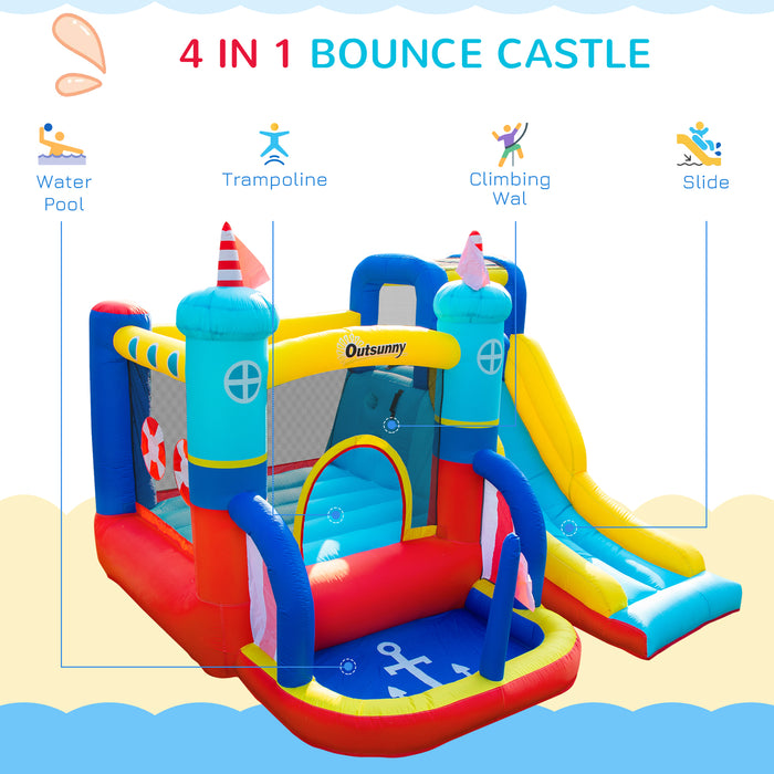 Kids 4-in-1 Bounce Castle Sailboat - Large Inflatable Playhouse with Slide, Trampoline, and Water Pool - Ultimate Outdoor Fun for Children Aged 3-8