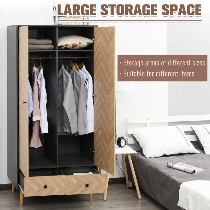 Modern Wood Grain Wardrobe with Storage - Cabinet Sticker Finish, Shelving, Hanging Rod, Dual Drawers - Spatial Solution for Clothes & Accessories, 90x50x190 cm