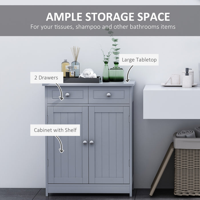 Free-Standing Bathroom Storage Cabinet with Adjustable Shelf - 2 Drawer Traditional Style Unit with Cupboard & Handles, 75x60cm, Grey - Ideal for Organizing Toiletries and Linens