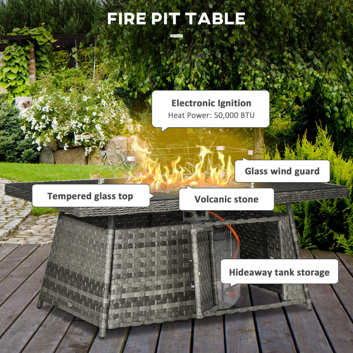 Luxury 9-Person PE Rattan Outdoor Sofa Set - Includes 50,000 BTU Gas Fire Pit Table & 3 Footstools - Perfect for Patio Gatherings and Cozy Evenings