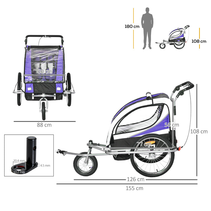 Kids Fun-Express Bike Trailer - 360° Rotatable Dual Child Bicycle Carrier with Durable Steel Frame & LED Lights, Purple - Ideal for Active Families & Outdoor Adventures