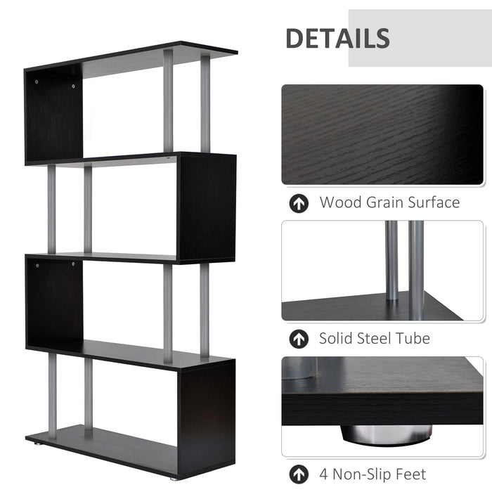 S-Shape Wooden Bookshelf - Versatile Storage and Display Unit in Black - Ideal for Book Lovers and Space Saving