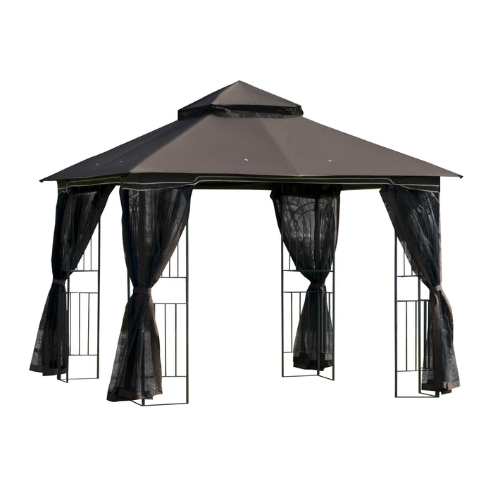 Double Tier Roof Gazebo - Outdoor Garden Canopy with Removable Mesh Curtains and Display Shelves - Ideal for Entertaining and Relaxation in Coffee Color