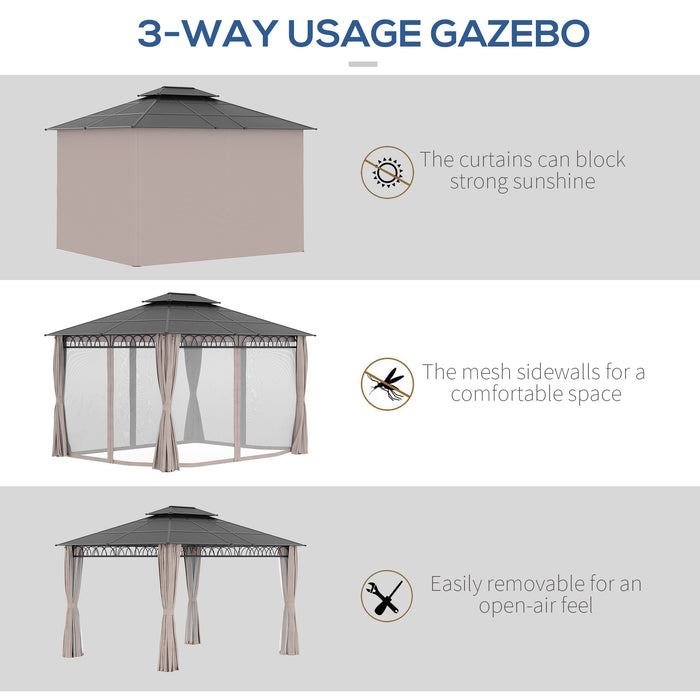 Outdoor Polycarbonate Gazebo 3.6x3m - Double Roof Hardtop Design with Nettings & Curtains - Elegant Shelter for Garden, Lawn, Patio Entertainment