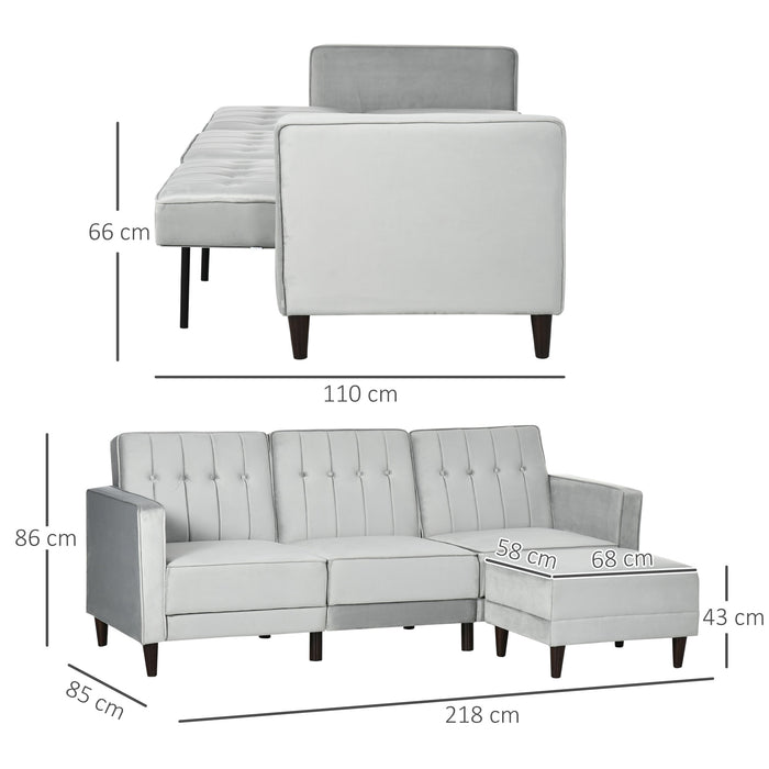 L-Shape Sleeper Sofa Set with Matching Ottoman - 3-Seater Convertible Couch and Footrest in Light Grey - Ideal for Living Room and Space Optimization