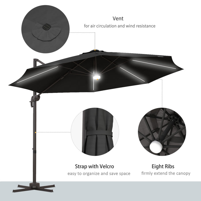 LED Solar-Powered Cantilever Parasol with Base - Durable Outdoor Sun Umbrella, 3m Coverage, Dark Grey - Ideal Shade Solution for Patio or Garden