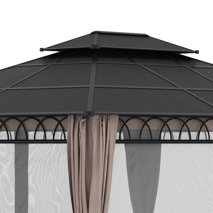 Outdoor Polycarbonate Gazebo 3.6x3m - Double Roof Hardtop Design with Nettings & Curtains - Elegant Shelter for Garden, Lawn, Patio Entertainment