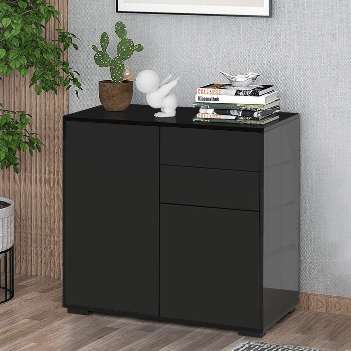 High Gloss Black Sideboard with Push-Open Mechanism - Modern 2-Drawer Side Cabinet for Storage - Elegant Furniture for Living Room and Bedroom