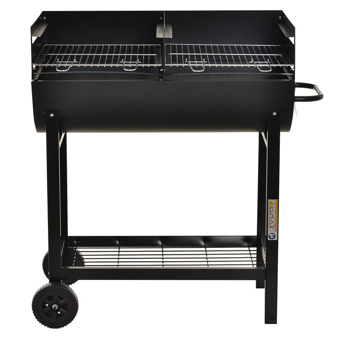 Black Charcoal BBQ Trolley with Dual Grill - Adjustable Heat-Resistant Grill Nets for Outdoors - Portable Garden Barbecue with Wheels for Easy Movement