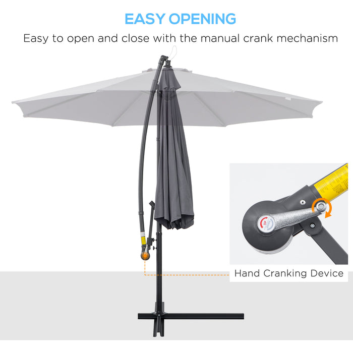 Garden Banana Parasol Cantilever Umbrella - Grey 3m Outdoor Sun Shade with Crank Handle and Cross Base, 8 Ribs - Ideal for Patio, Relaxation, and UV Protection