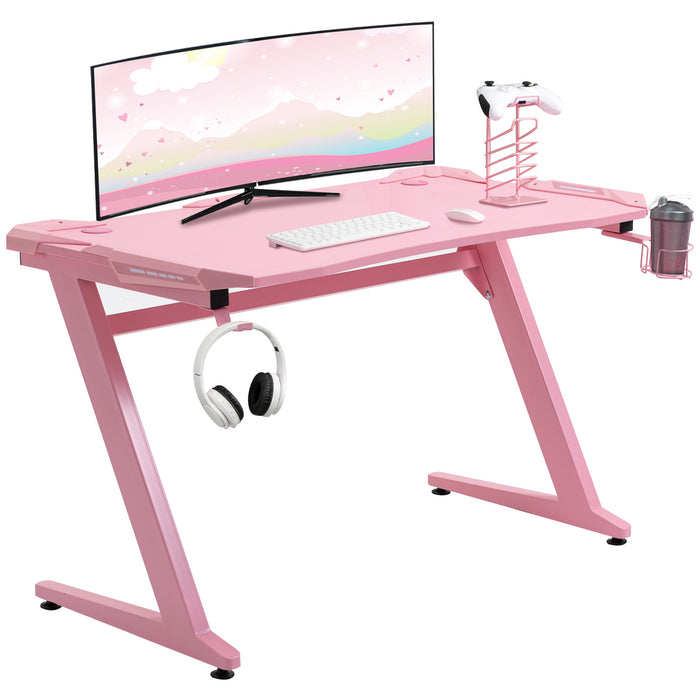 Ergonomic Gaming Desk with Headphone Hook and Cup Holder - Home Office Gamer Workstation Racing Table in Pink - Ideal for Comfort and Style in Gaming Setups (122 x 66 x 86cm)