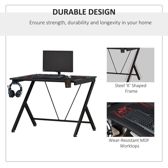 Gaming Desk with Sturdy Metal Frame - Ergonomic Computer Table with Cup Holder, Headphone Hook & Cable Management - Ideal for Gamers and Home Office Use