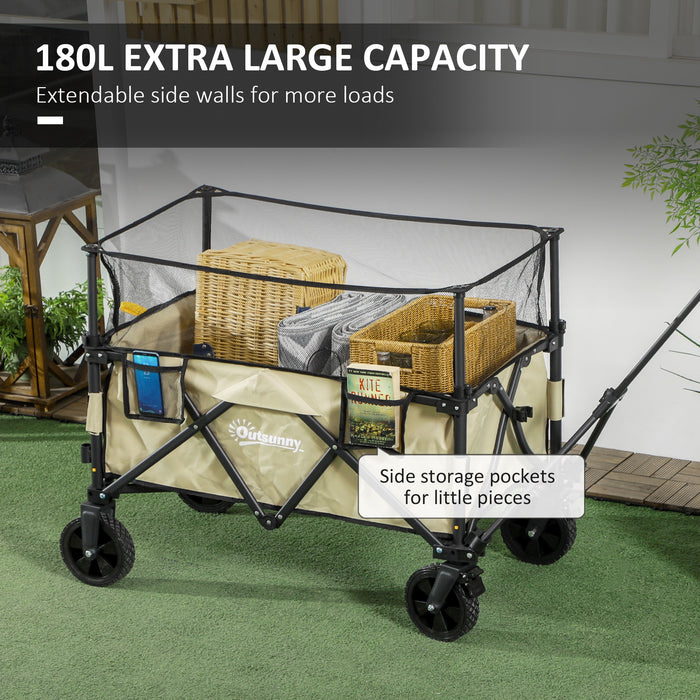 Folding Garden Trolley Wagon - 180L Capacity, Extendable Side Walls, Multipurpose Cart, Khaki - Ideal for Beach, Camping, Festivals