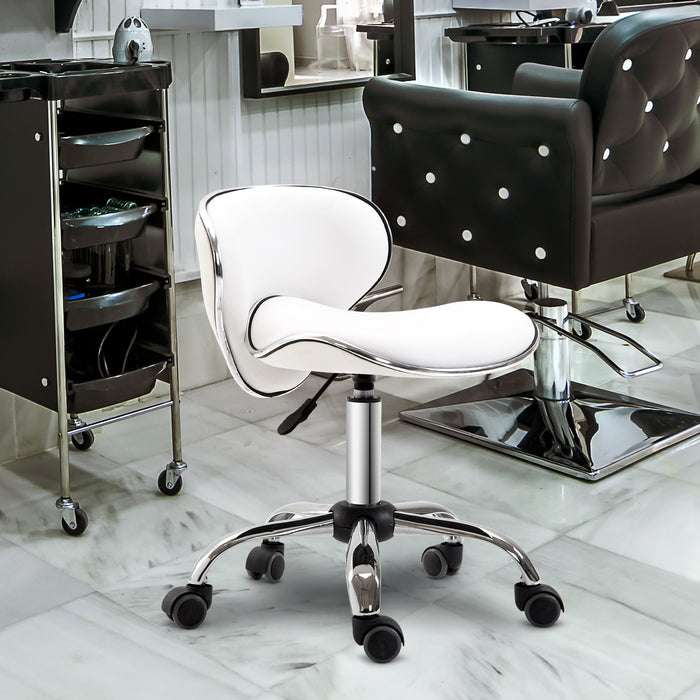 PU Leather Salon Chair - Rolling Swivel Stool with Backrest, White - Comfortable Seating for Beauty Professionals