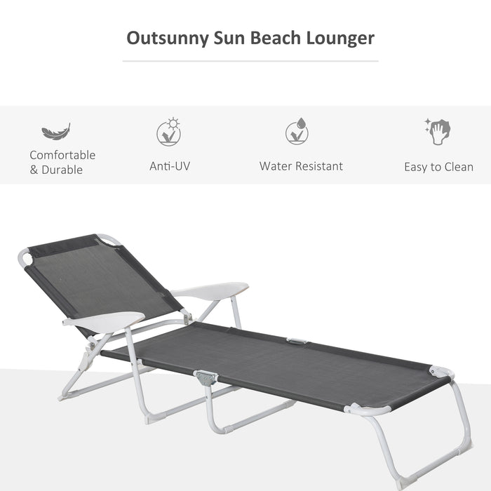 Reclining Lounge Chair with 4-Level Adjustable Backrest - Folding Sun Beach Lounger, Grey - Ideal for Patio, Garden Relaxation