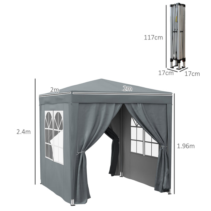 Garden Pop Up Gazebo Marquee - Outdoor Party Tent with Carrying Case, Removable Walls, and Windows, 2m x 2m, Grey - Ideal Shelter for Events and Gatherings