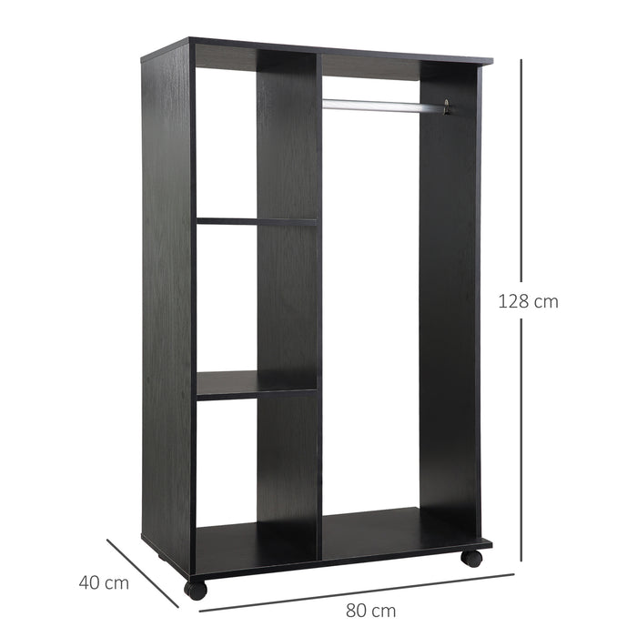 Rolling Open Wardrobe - Hanging Rail and Storage Shelves for Bedroom Organization - Perfect for Space-Saving & Easy Mobility in Black