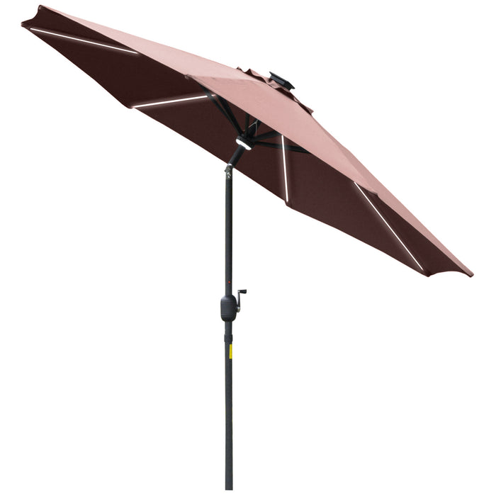 2.7m Garden Parasol with LED Solar Light - UV-Protective Angled Canopy Sun Umbrella with Vent and Crank Tilt - Outdoor Patio Summer Shelter, Coffee Brown