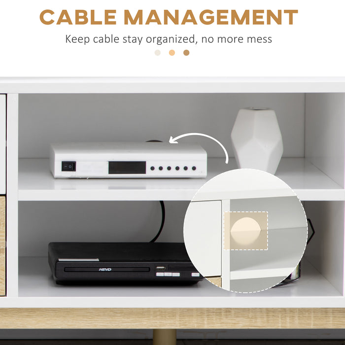 Modern TV Stand with Storage - Accommodates Up to 55" TVs, Shelves & Drawers, 120cm x 40cm x 44.5cm - Ideal for Organized Media Setup in White and Natural Finish