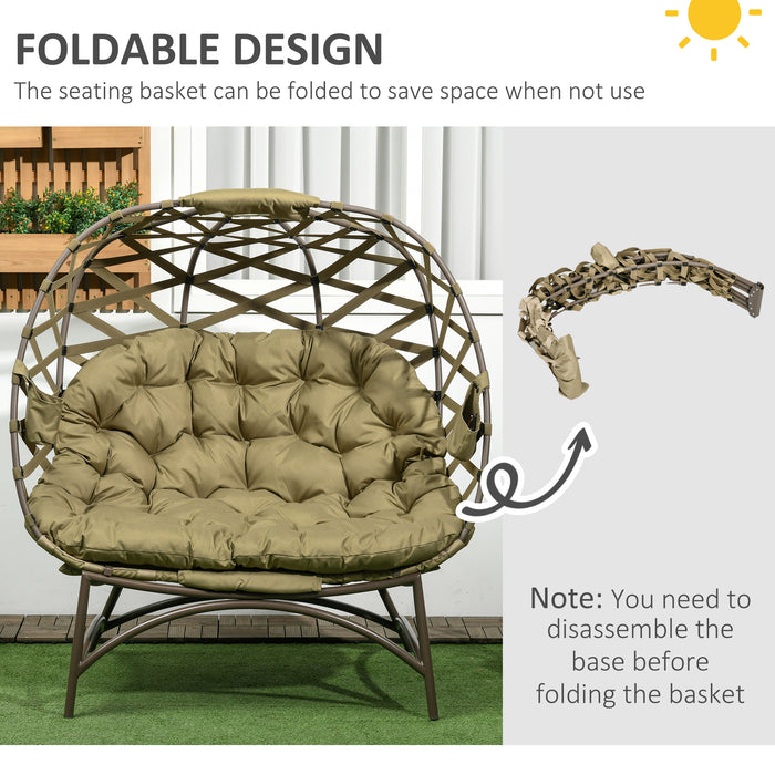 Egg-Shaped Folding Wicker Loveseat for Patio - Comfy 2-Person Garden Chair with Cushions and Cup Holders - Ideal for Outdoor Leisure in Khaki