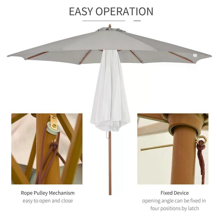 3M Fir and Bamboo Garden Parasol - Wooden Outdoor Umbrella with Grey Canopy Sun Shade - Ideal for Patio and Backyard Comfort