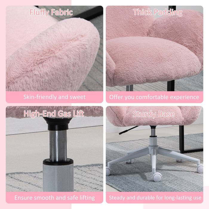 Ergonomic Fluffy Pink Chair with Armrests - Home Office Comfort Swivel Chair with Backrest - Ideal for Bedroom and Living Room Use