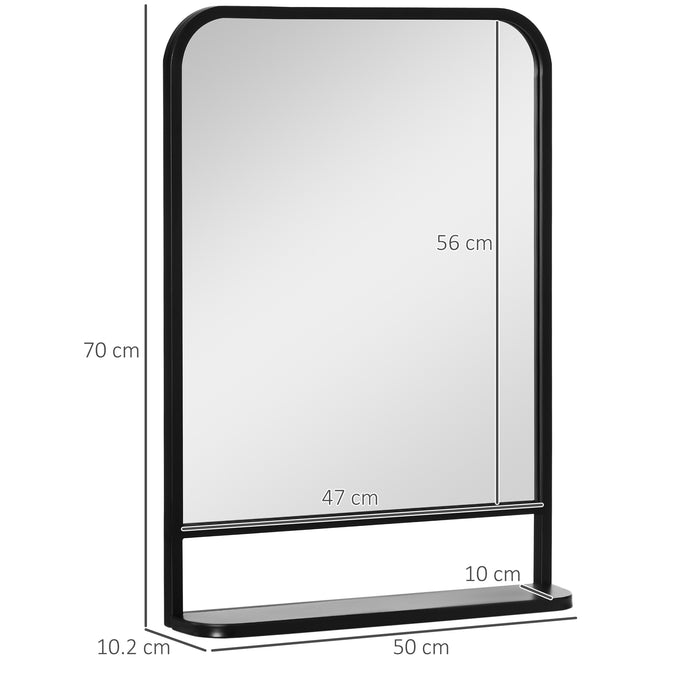 Modern Square Wall Mirror with Shelf - 70x50cm Reflective Surface, Storage Solution - Ideal for Living Room & Bedroom Decor, Sleek Black Finish