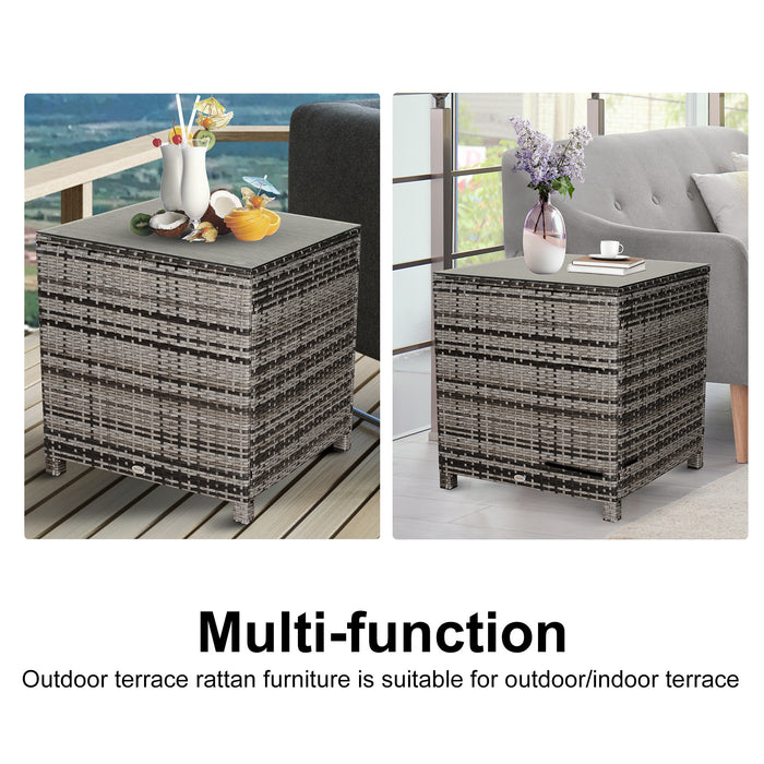 Rattan Garden Side Table with Tempered Glass Top - Durable Patio Furniture in Grey - Ideal for Outdoor Lounging and Decoration