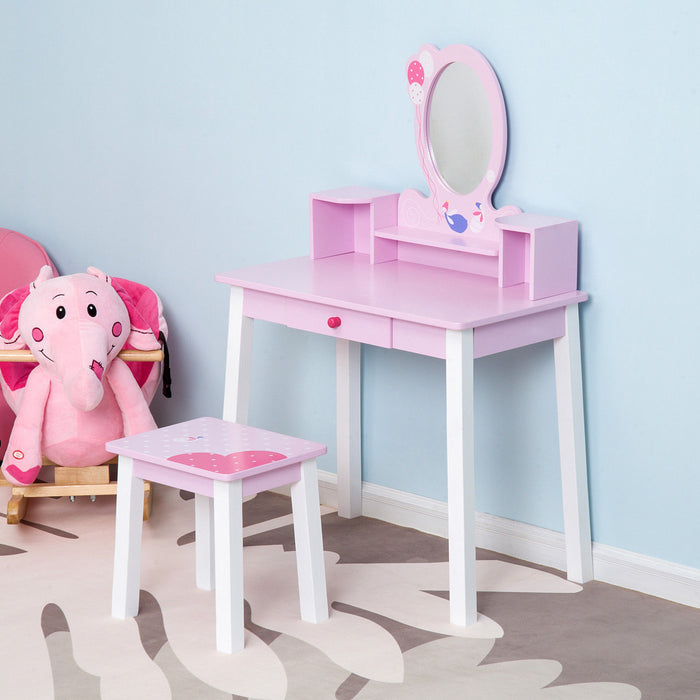 2PCS Wooden Vanity Set for Kids - Girls Dressing Table with Mirror, Stool & Drawers - Playful Makeup Station for Children Over 3 Years, Pink & White