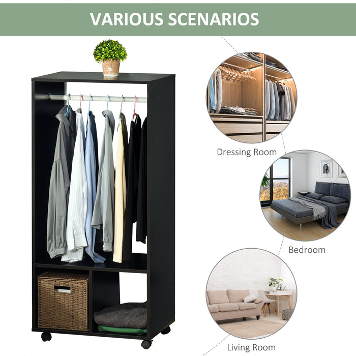 Mobile Garment Rack with Open Wardrobe Design - Hanging Rod and Ample Storage Shelves on Wheels for Bedroom and Cloakroom - Space-Saving Black Clothing Organizer for Homes & Apartments