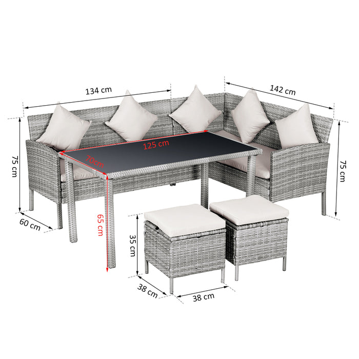 Outdoor Rattan 6-Seat Corner Dining Set - Wicker Sofa, Foot Stool & Dining Table with White Cushions - Ideal for Garden and Patio Entertainment