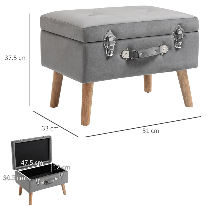 Faux Velvet Upholstered Storage Trunk - Elegant Grey Ottoman with Wooden Legs - Ideal for Home Organization and Comfort Seating