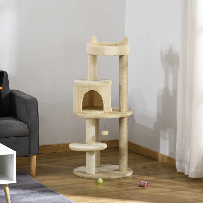 Sisal-Covered Cat Tree Tower - Beige Scratching Post and Activity Center, 48x48x104cm - Ideal for Active Cats and Scratch Training