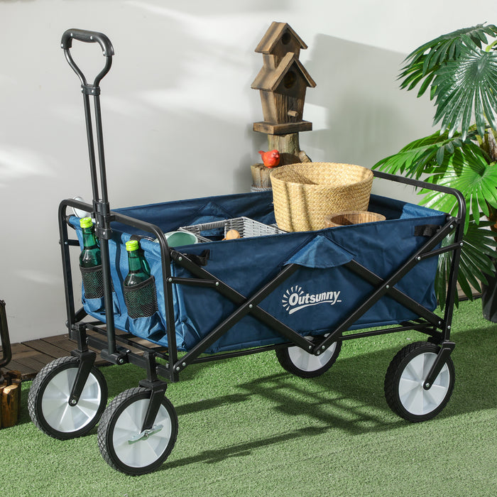 Folding Beach and Garden Cart - Pull Along Wagon with Telescopic Handle in Blue - Ideal for Outdoor Gear Hauling