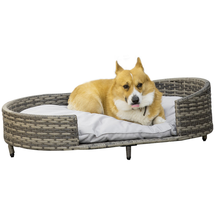 Elevated Canine Couch - Hand-Woven Wicker Pet Sofa with Soft Cushion and Washable Cover in Grey - Ideal for Medium Dogs and Cats