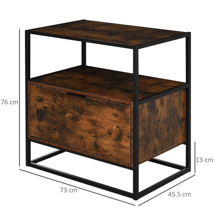 Industrial-Chic Side Table with Storage Drawer - Open Shelf, Large Base, and Steel Frame - Retro Two-Tone Design for Bedroom and Living Room Decor