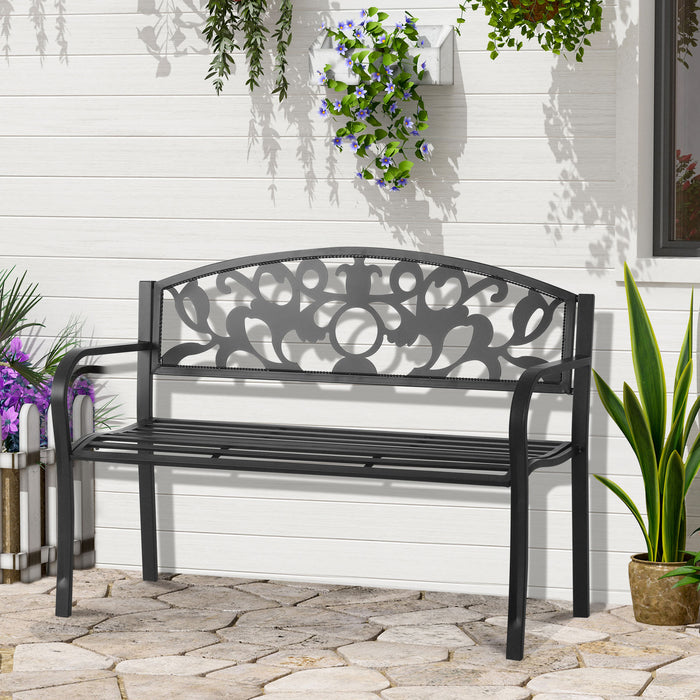 2-Seater Garden Metal Bench - Outdoor Patio, Park and Yard Seating Furniture in Black - Comfortable Porch Chair for Relaxation, 128L x 91H x 50W cm