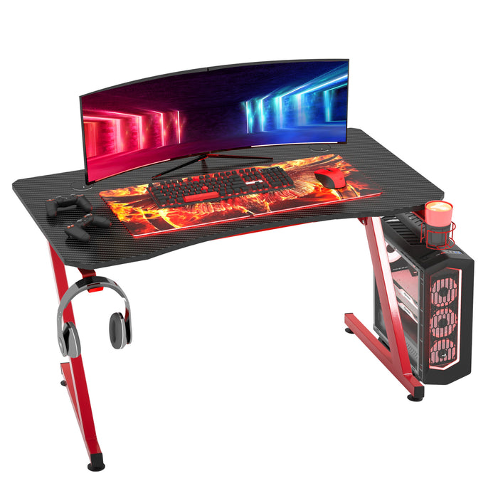 Steel Frame Gaming Desk - Cup & Headphone Holders, Adjustable Feet, Cable Management - Ideal Home Office Computer Table for Gamers, Red